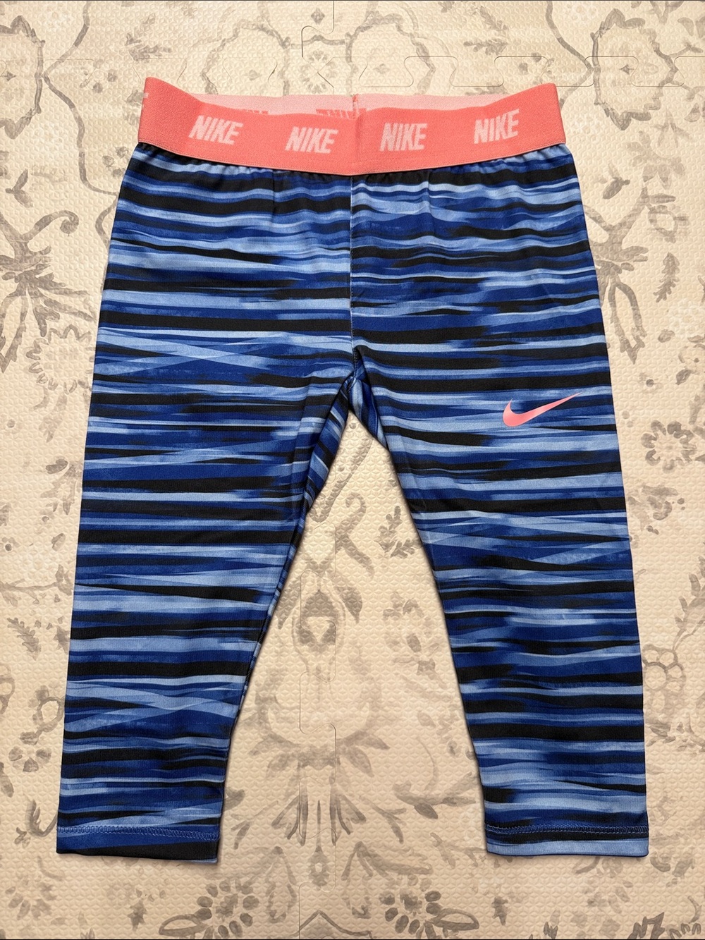 Nike Blue Striped Capri Leggings with Pink Waistband